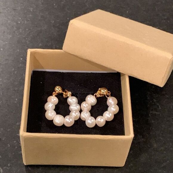 Real Freshwater Pearl Huggie Hoop Earrings, 18k Gold Plate, Handmade Unisex Gift - Picture 9 of 9